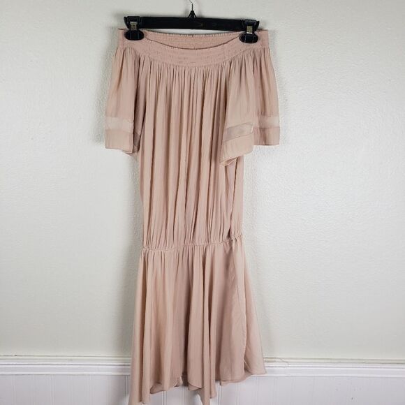 Women's Designer Light Pale Pink Cold Off the Shoulders Drop Waist Dress Size SM - Picture 2 of 12